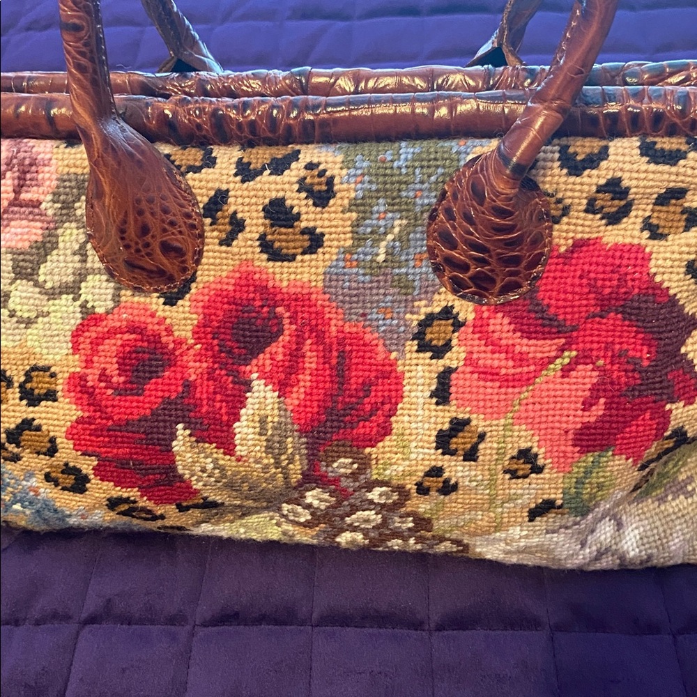 Clever Carriage Co. Floral Needlepoint Doctor Satchel, Croco Embossed Leather - Picture 16 of 16